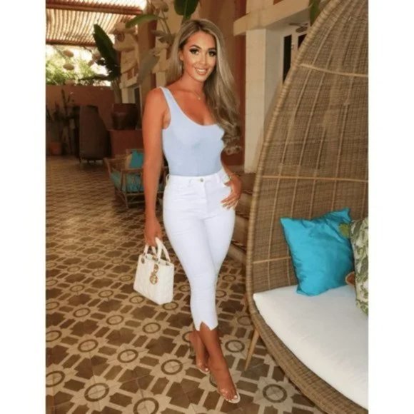 White High Waist Split Hem Skinny Capri Jeans Denim Pants - Picture 7 of 14